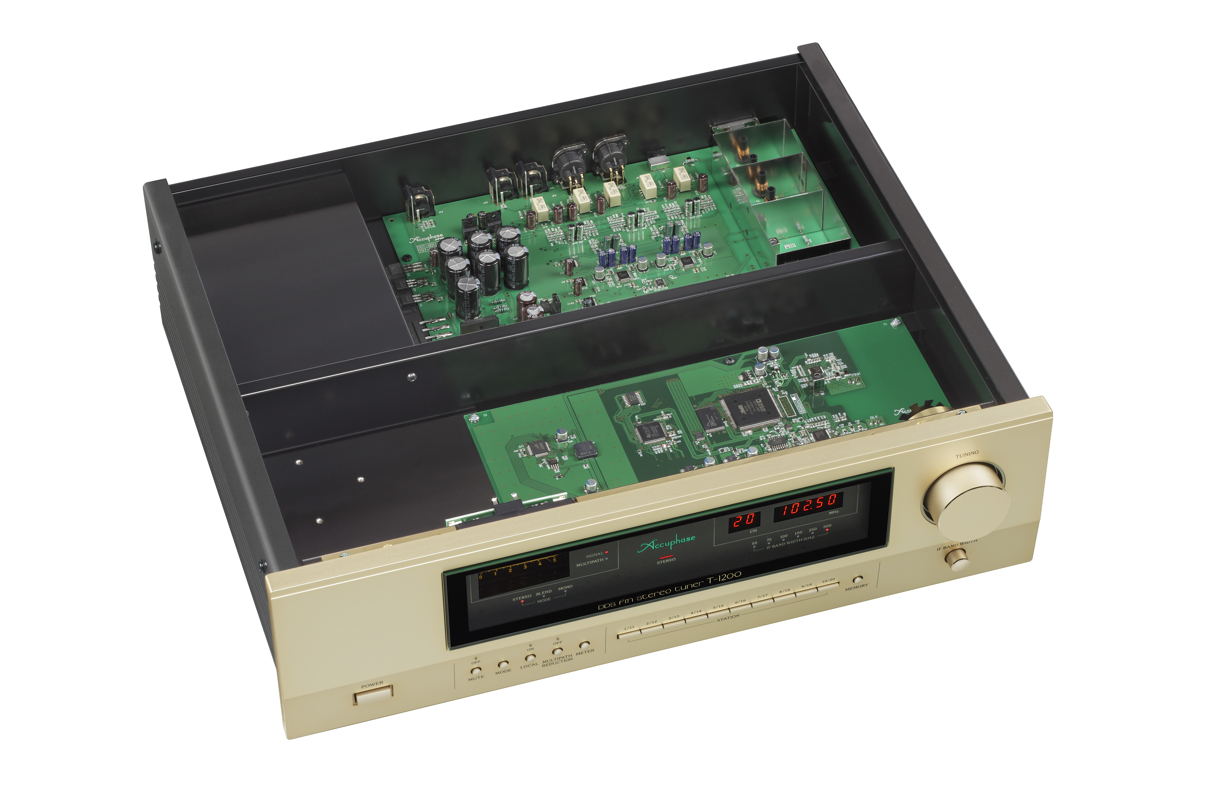 Accuphase T-1200 UKW-Empfänger mit geöffnetem Gehäuse und geöffnetem Digital-Synthesizer