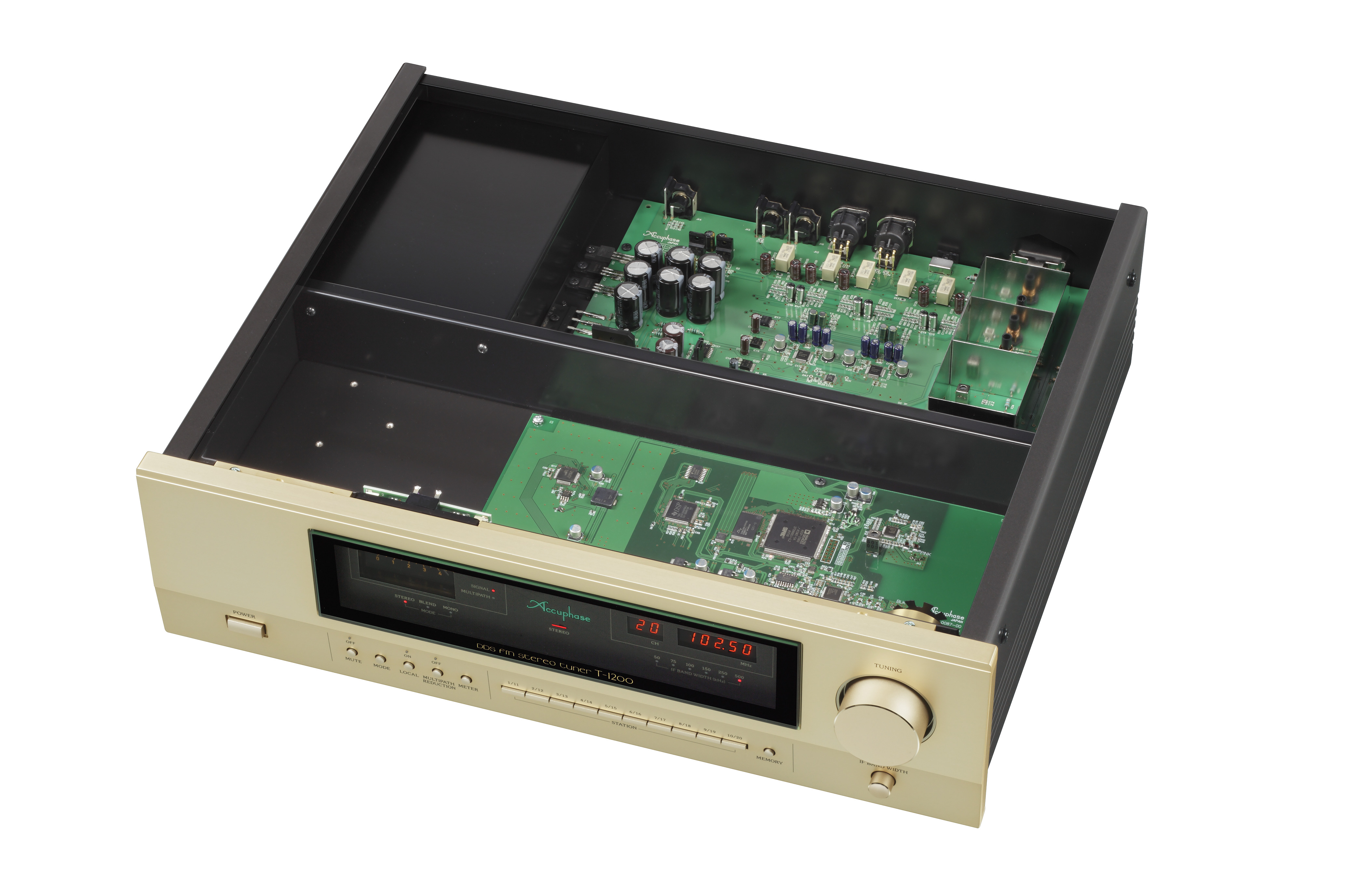 Accuphase T-1200 UKW-Empfänger mit geöffnetem Gehäuse und geöffnetem Digital-Synthesizer