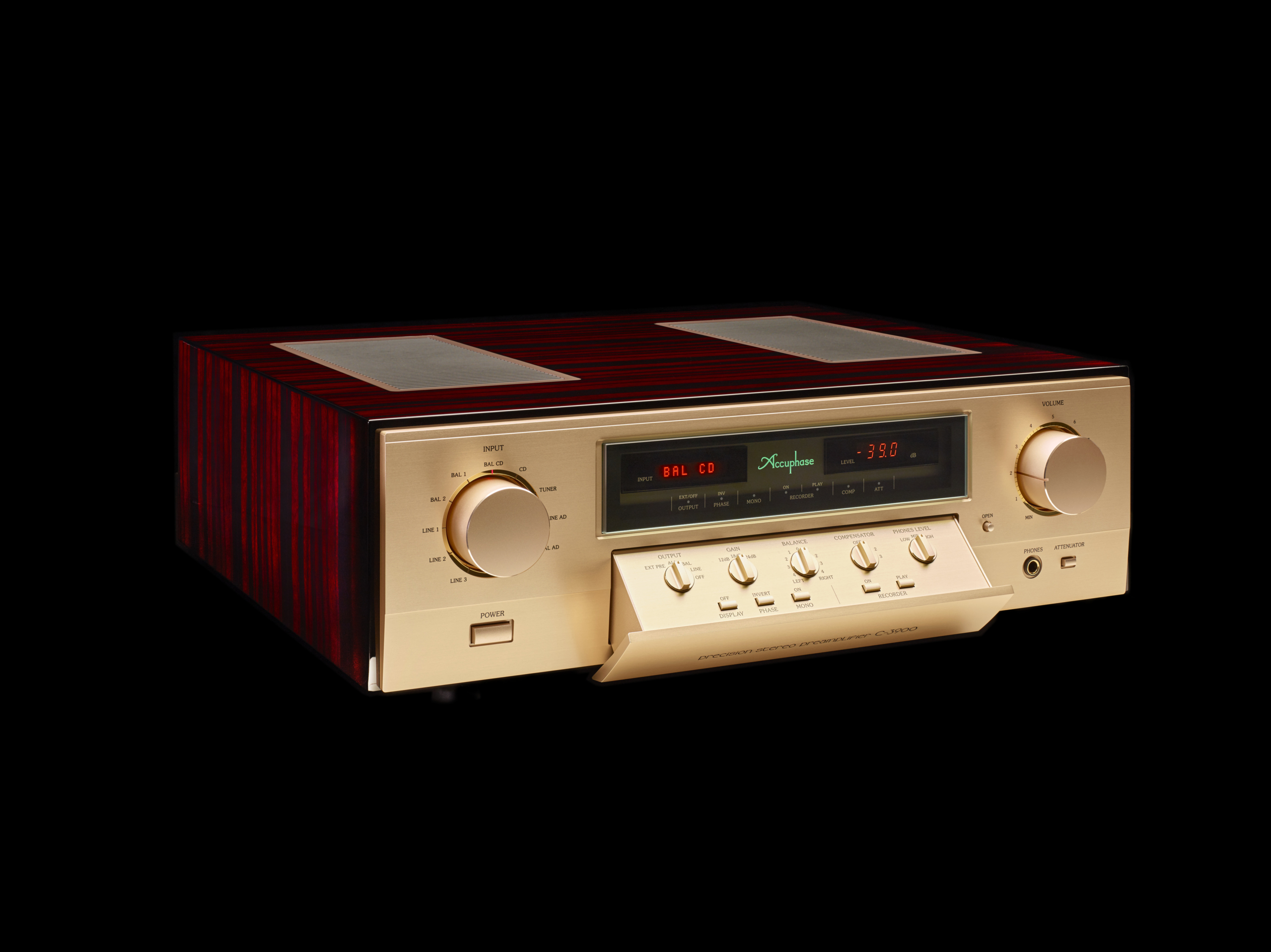 Accuphase C-3900 Vorstufe mit geöffnetem Bedienfeld Diagonal